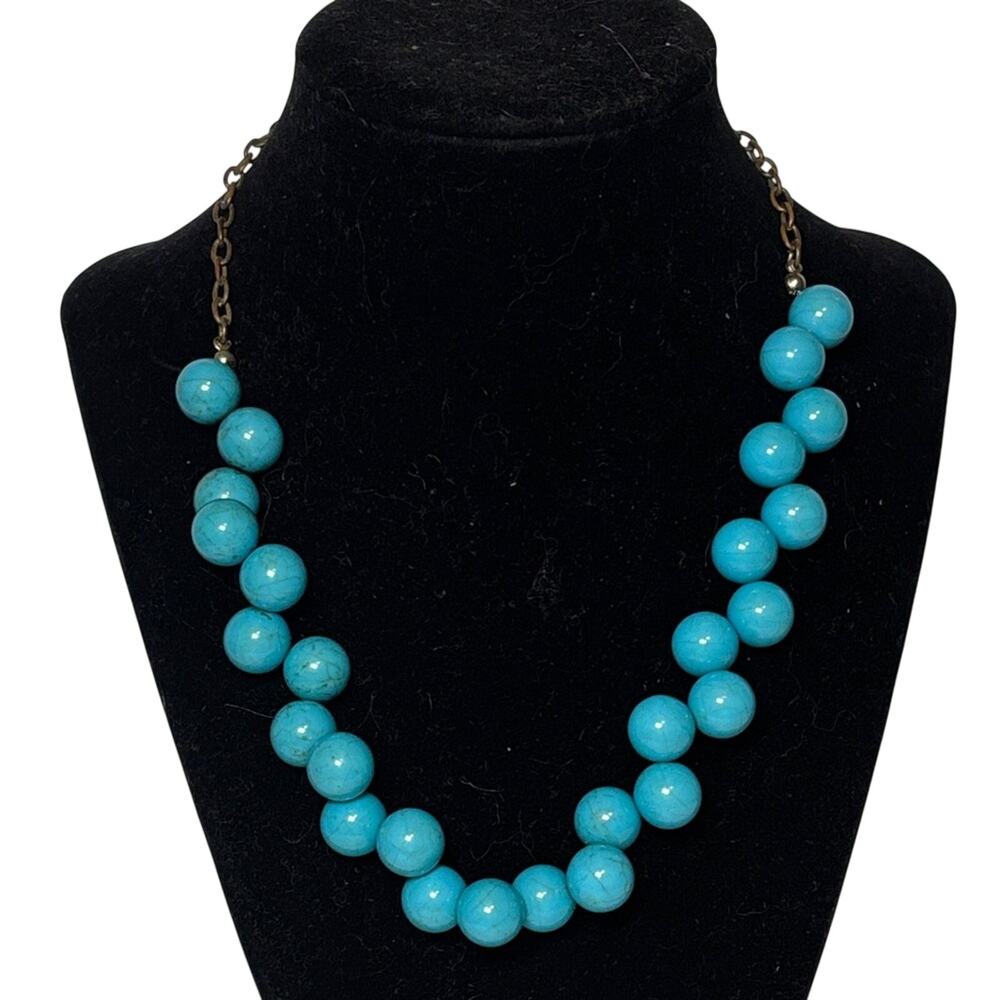 Turquoise Look Chunky Bead Necklace Gold Tone Statement Boho Western 18”